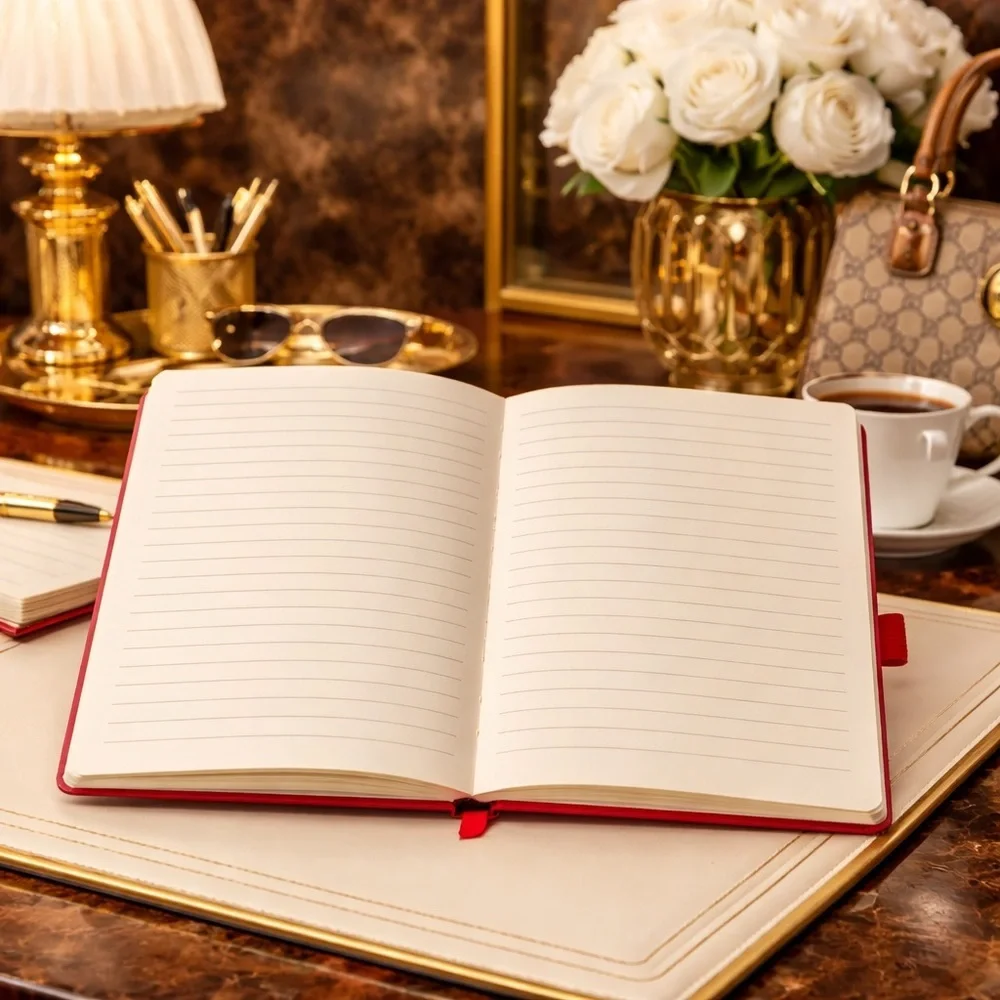 Red Notebook with Blue Cherry Design